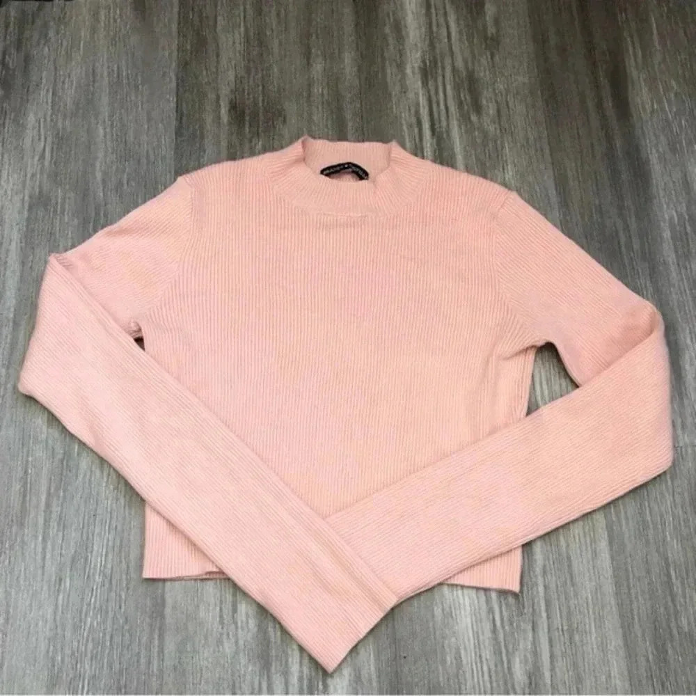 Brandy Melville Ribbed Womens Pullover Sweater Cropped High Neck Pink